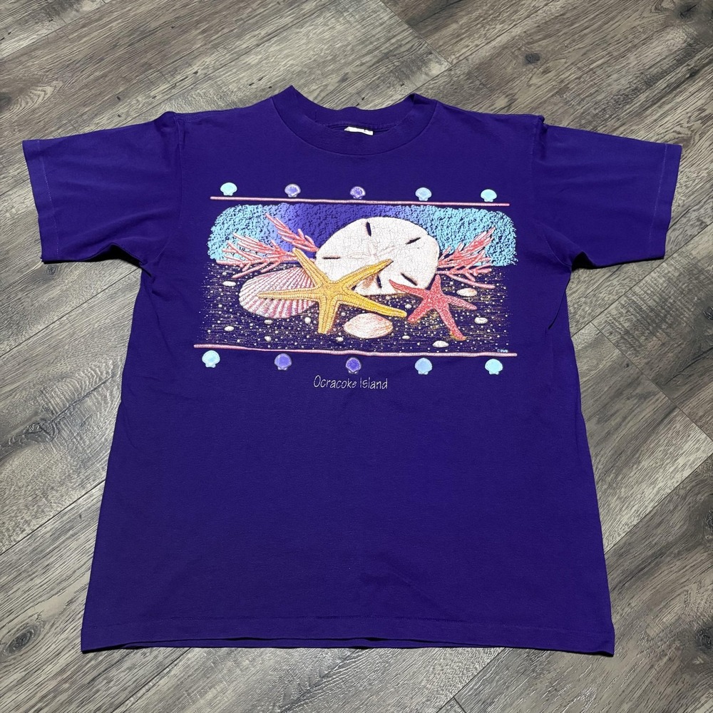Vintage Sunshine Apparel Shirt Mens Medium‎ Purple Ocracoke Island Beach Graphic